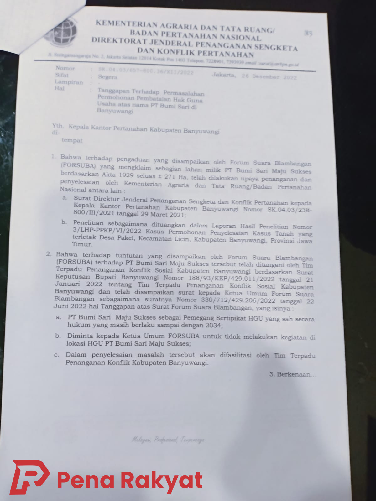 Surat ATR/BPN HGU Bumisari Sah Hingga 2034